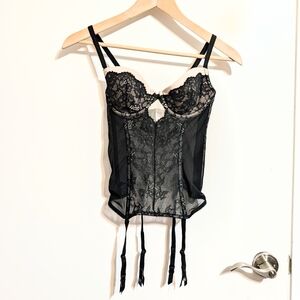 Victoria’s Secret Black Lace Garter Bustier 34B Beige Mesh Side Zip Corset